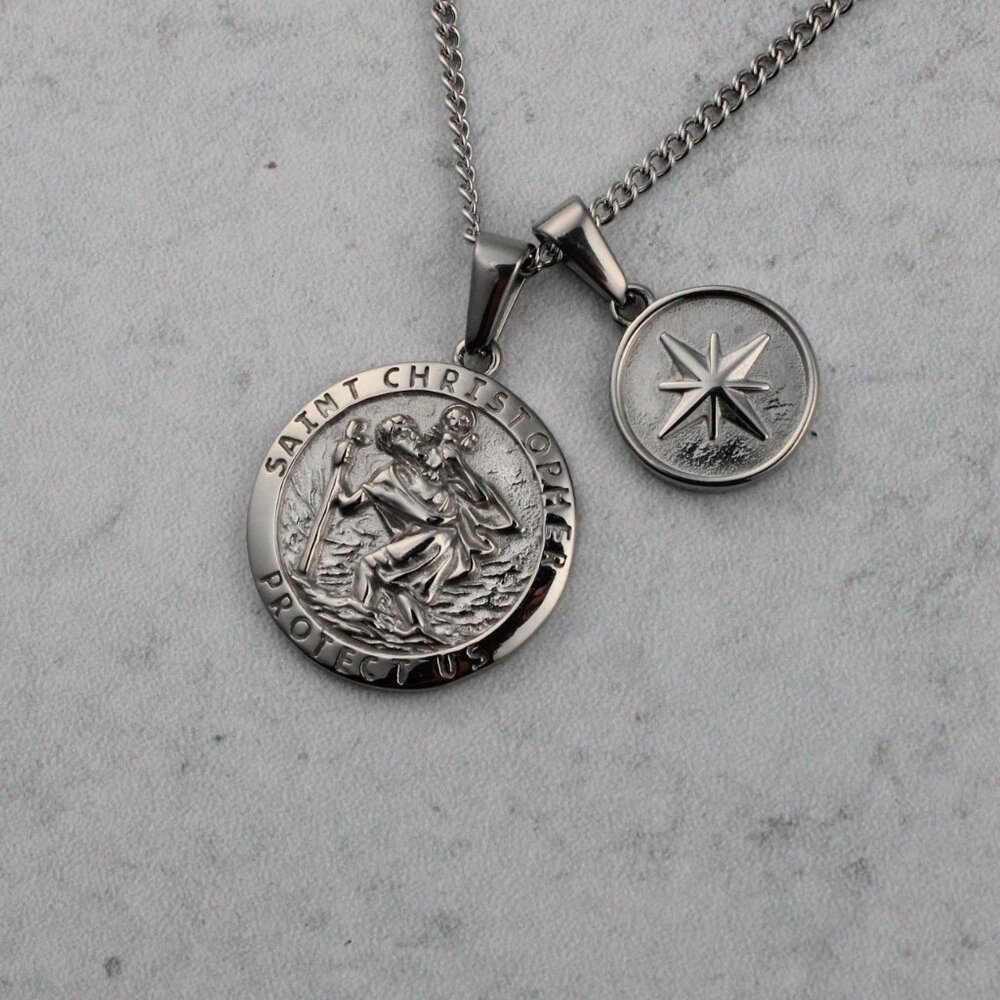 Silver Saint Christopher & North Star Pendant Necklace Set Stainless Steel